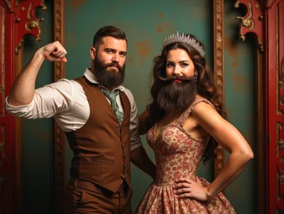 Bearded Lady and Strongman in Vintage Circus Attire
