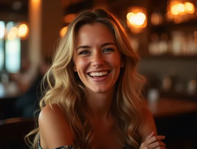 Smiling Blonde Woman Sitting In A Dimly Lit Bar