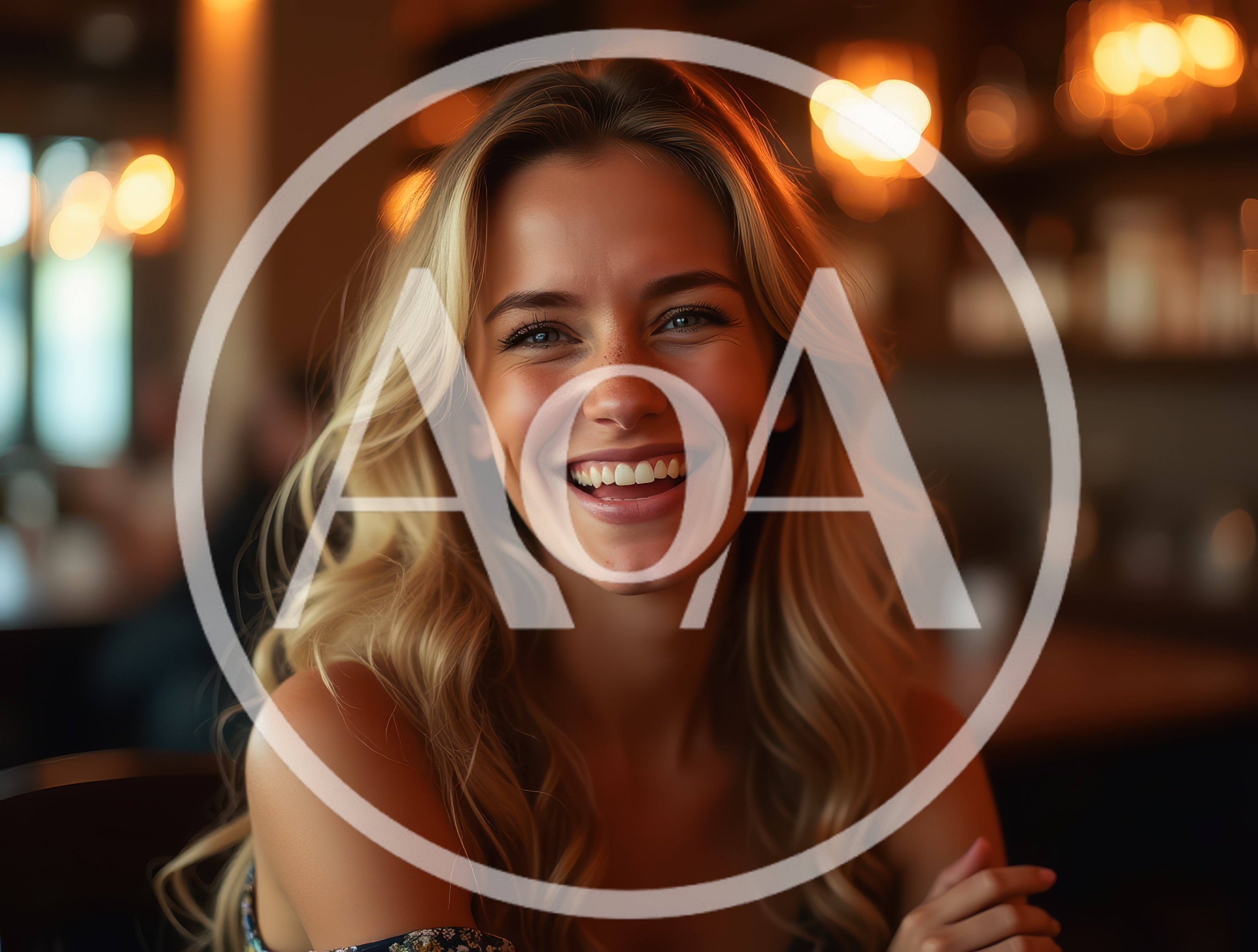 Smiling Blonde Woman Sitting In A Dimly Lit Bar