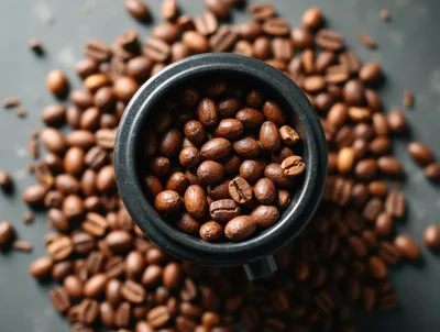 Top View Of Roasted Coffee Beans In A Black Cup