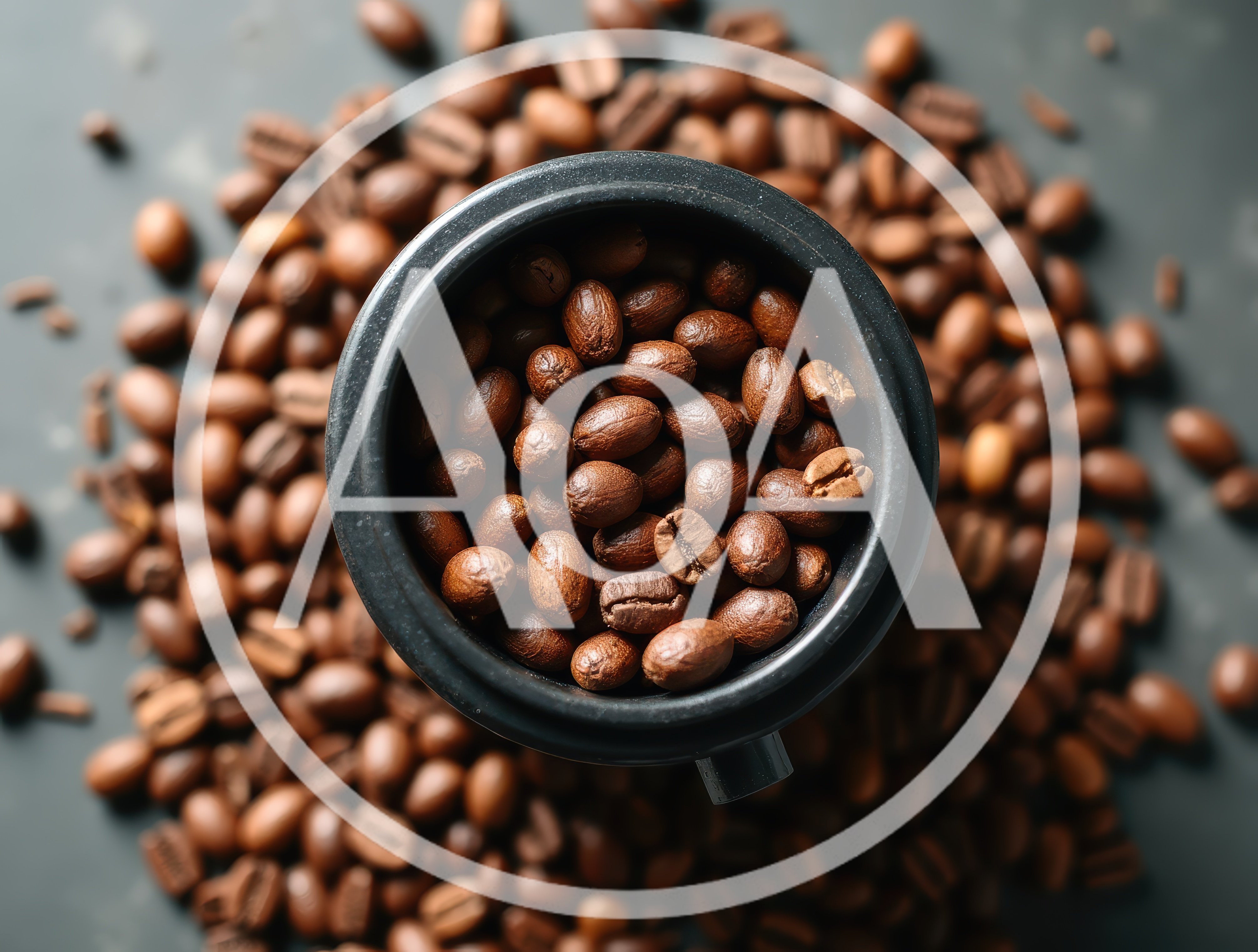 Top View Of Roasted Coffee Beans In A Black Cup