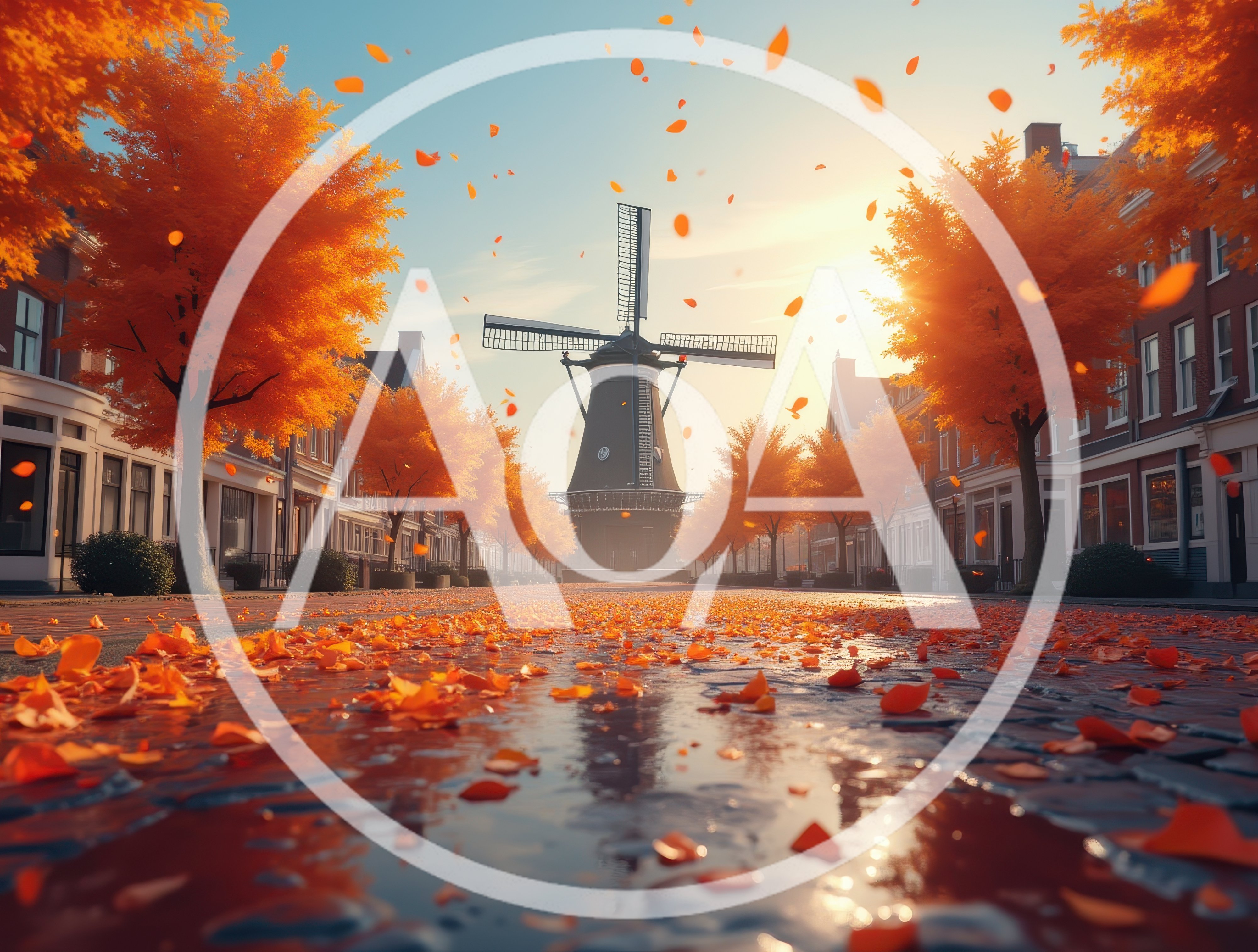 Dutch Windmill On A Cobblestone Street In Autumn