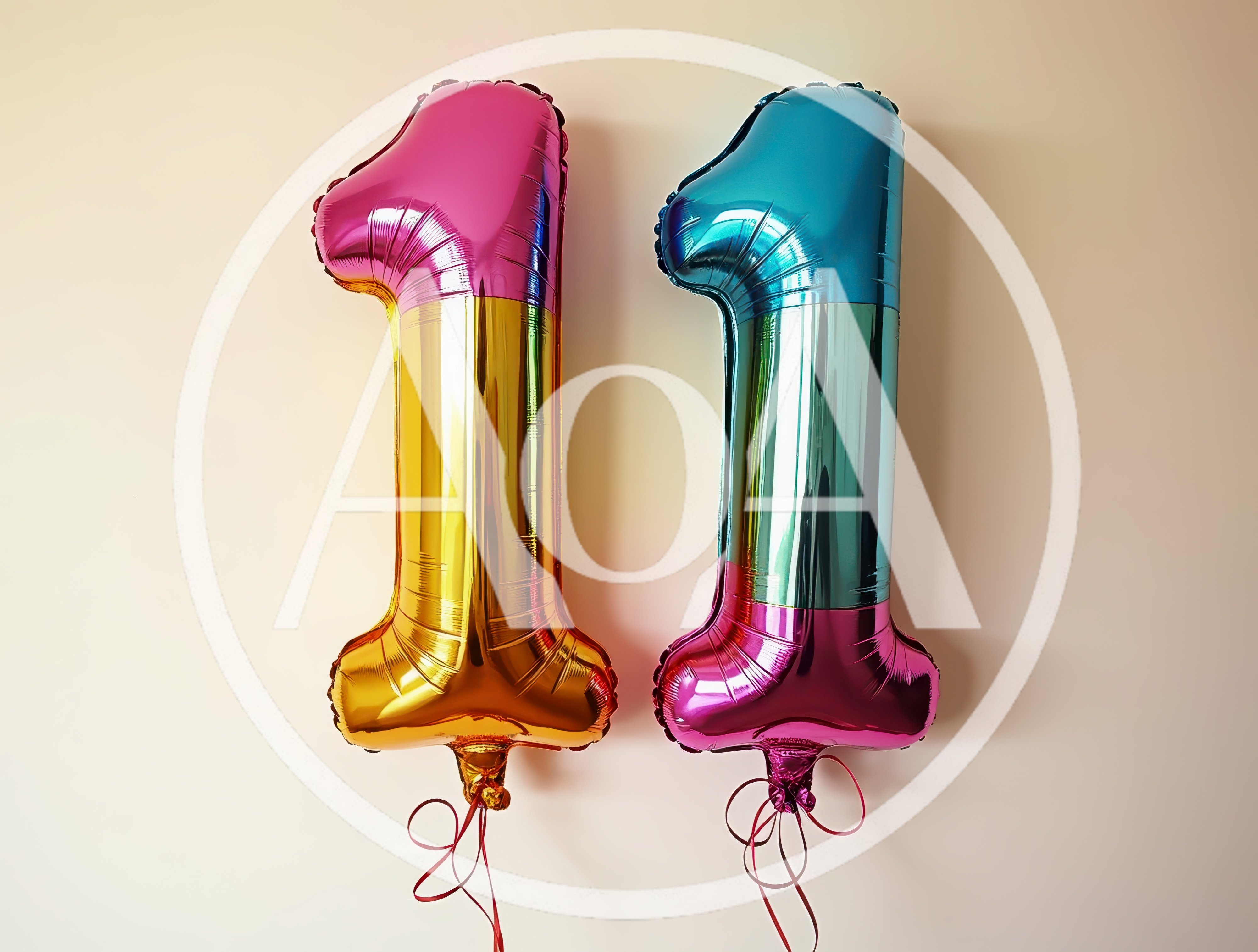 Two Colorful Number One Foil Balloons
