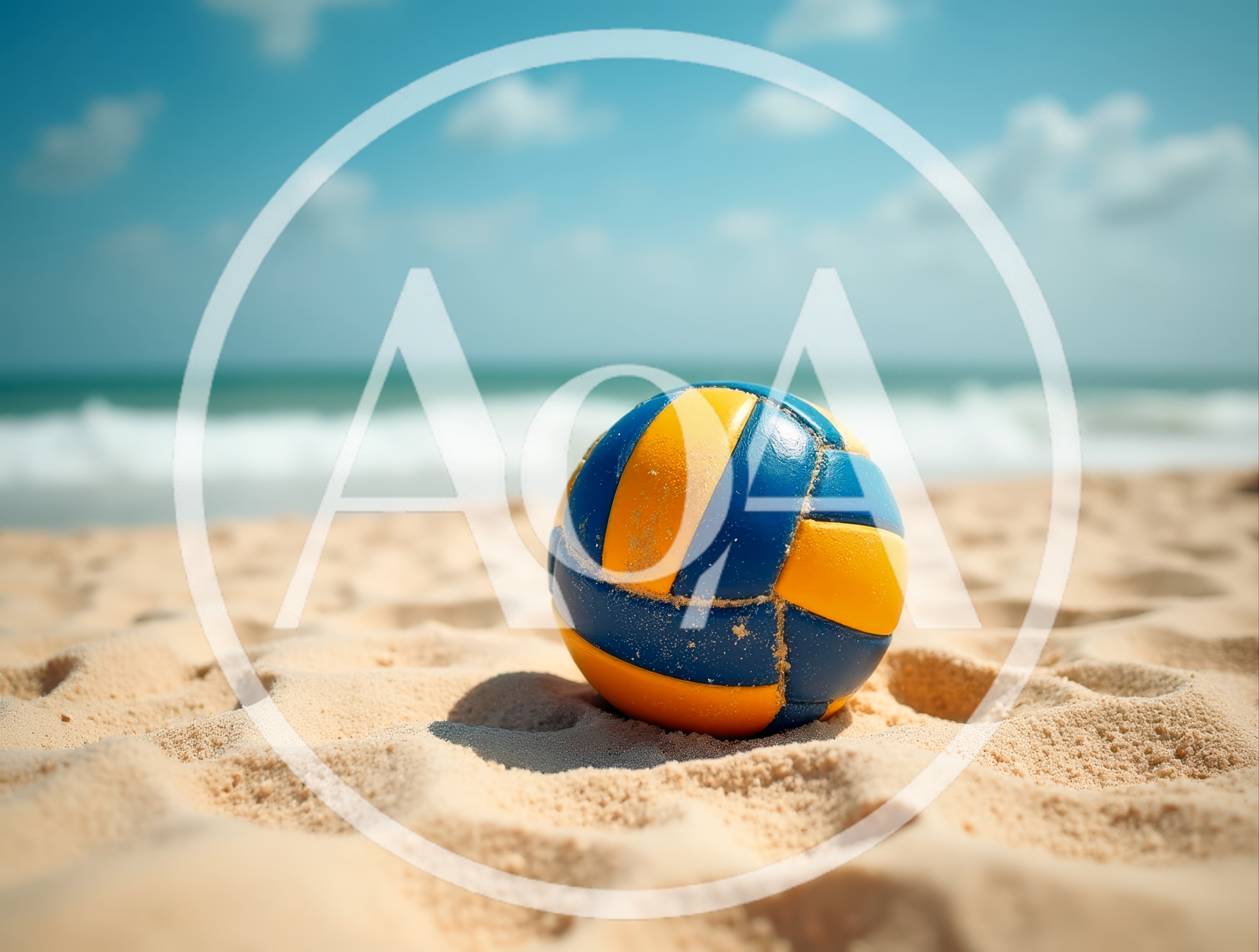 Blue and Yellow Volleyball Resting on Sandy Beach