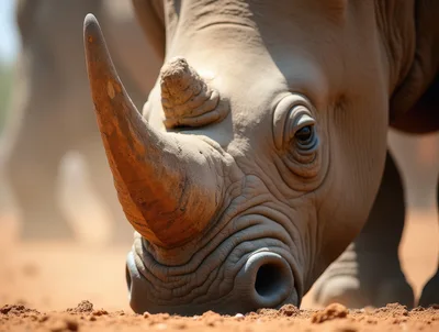 Close Up Of A Rhinoceros Grazing In The Savannah