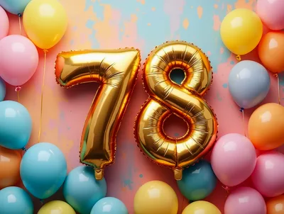 Gold Number 78 Balloons on Pastel Background