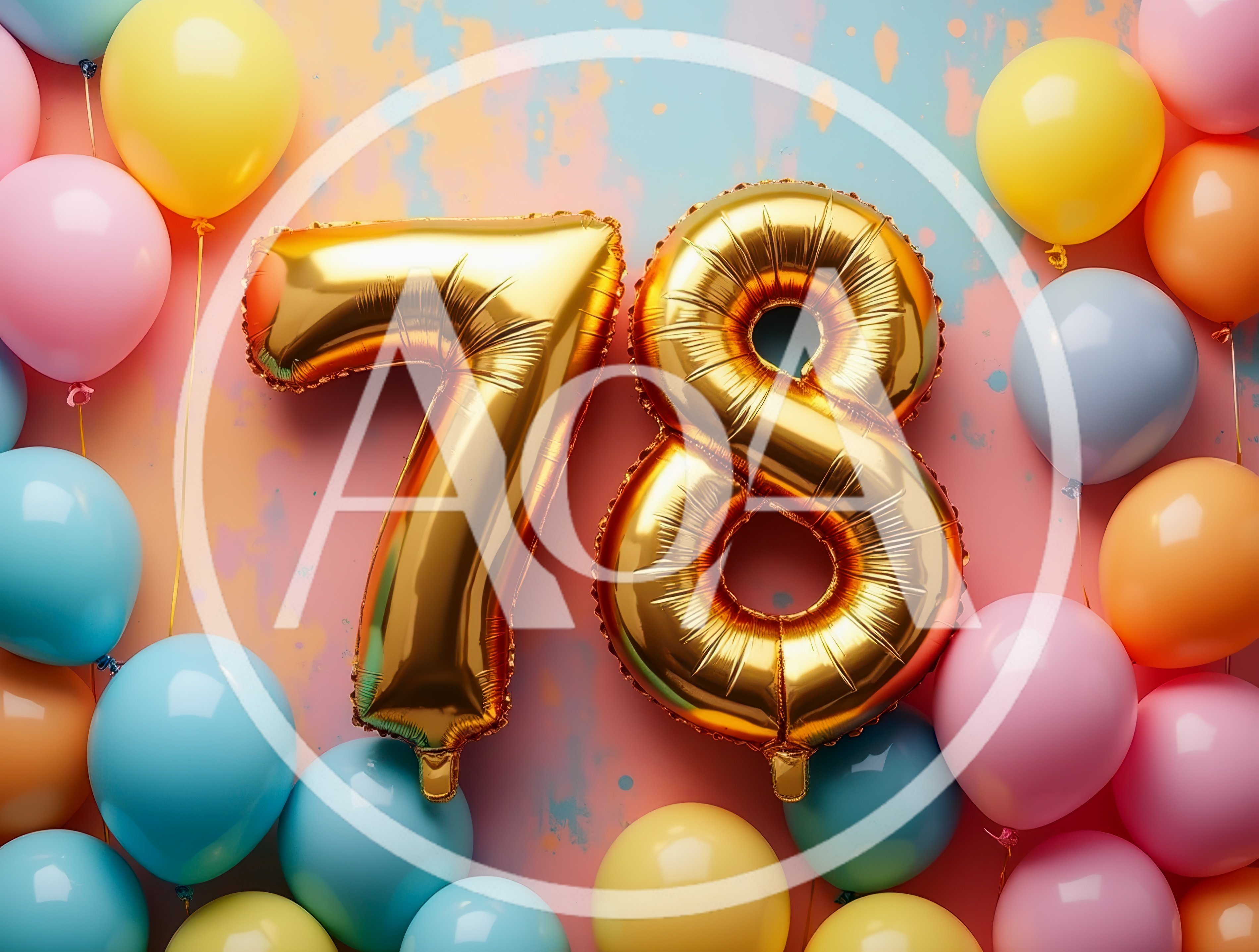 Gold Number 78 Balloons on Pastel Background