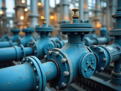Industrial Blue Pipe Valves In A Processing Plant