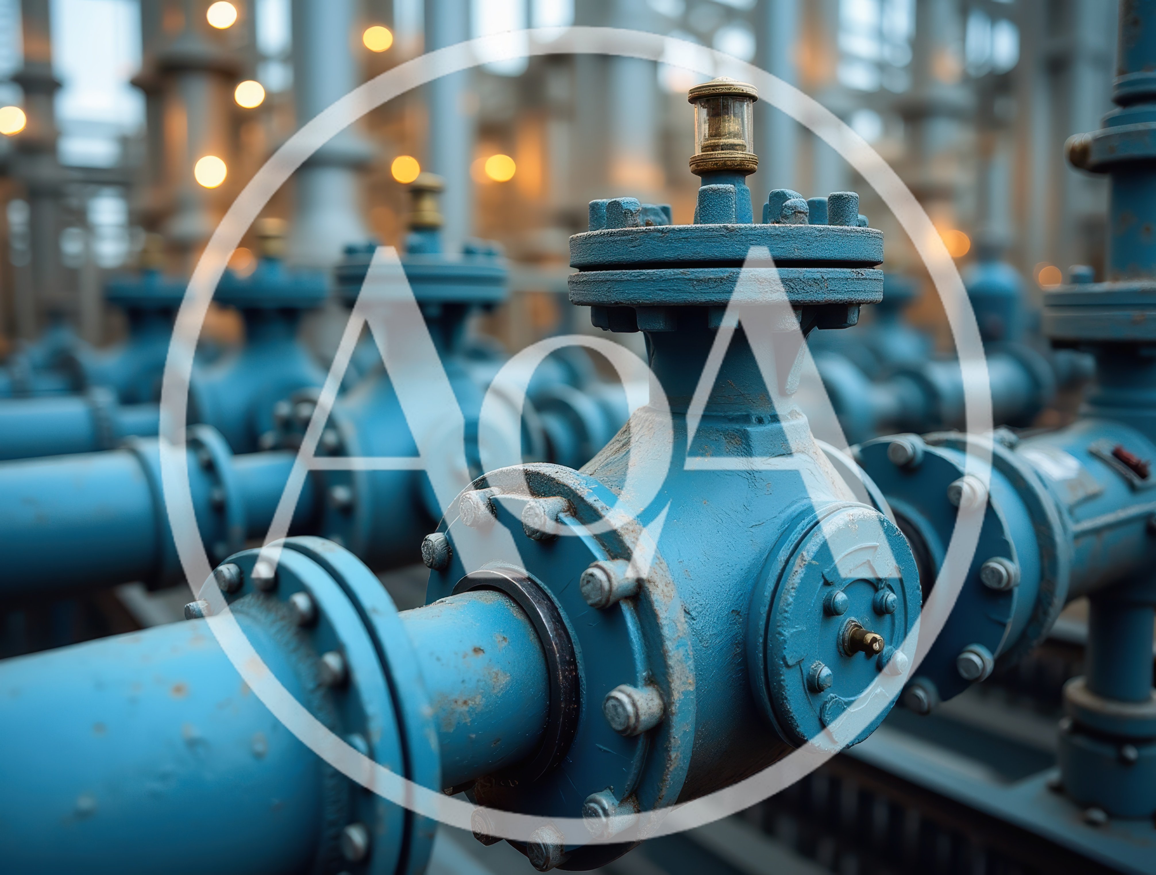 Industrial Blue Pipe Valves In A Processing Plant