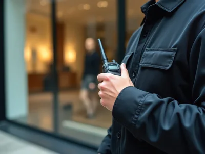 Security Guard Holding A Two Way Radio