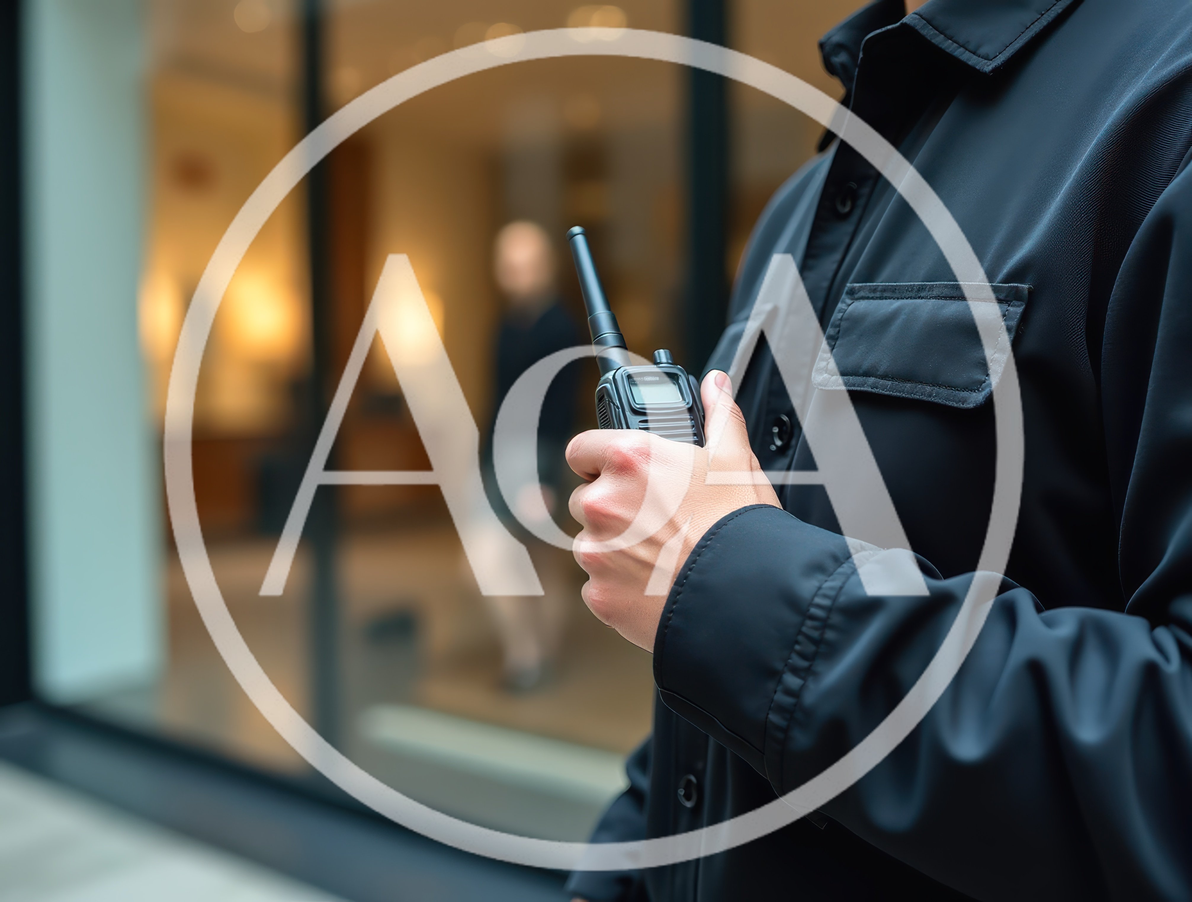 Security Guard Holding A Two Way Radio