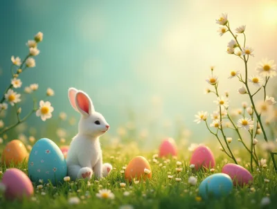 Cute White Easter Bunny Sitting Among Colorful Eggs
