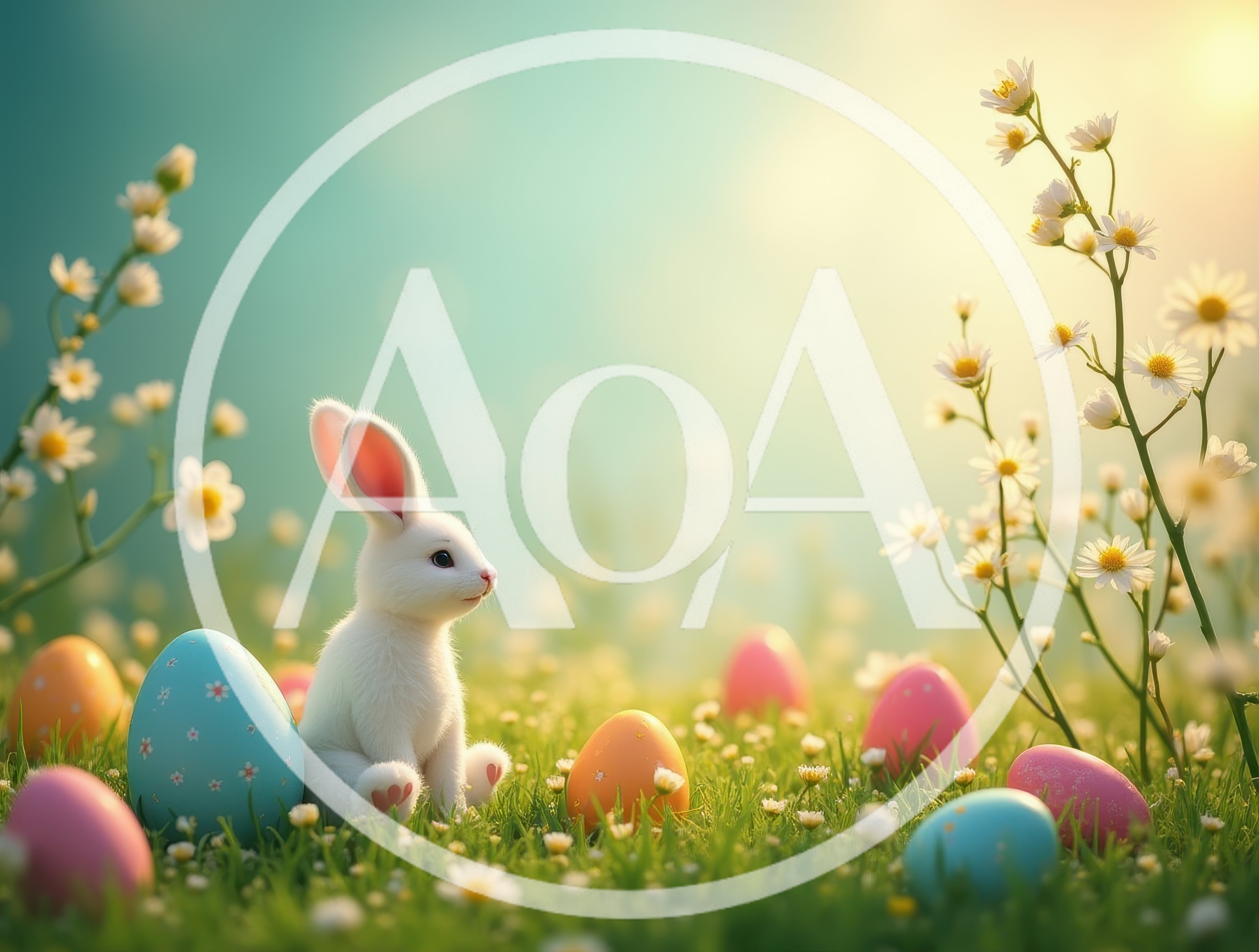 Cute White Easter Bunny Sitting Among Colorful Eggs