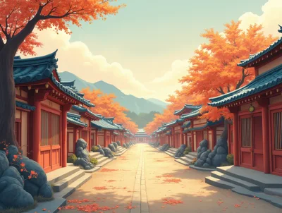 Traditional East Asian Village Street In Autumn