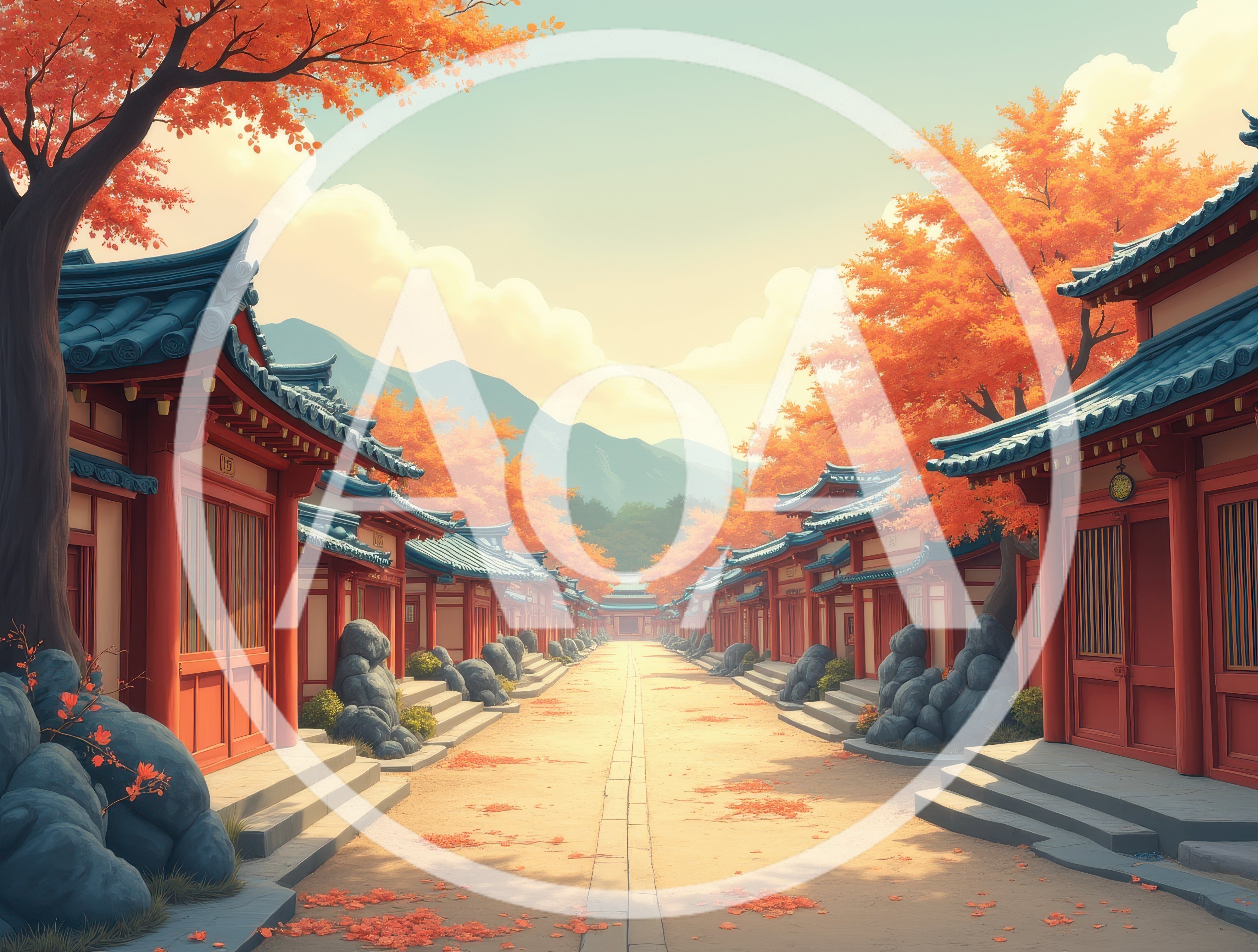 Traditional East Asian Village Street In Autumn