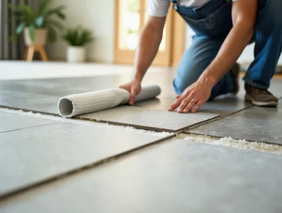 Professional Contractor Installing Large Format Floor Tiles