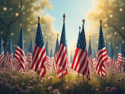 American Flags Displayed in a Field of Flowers