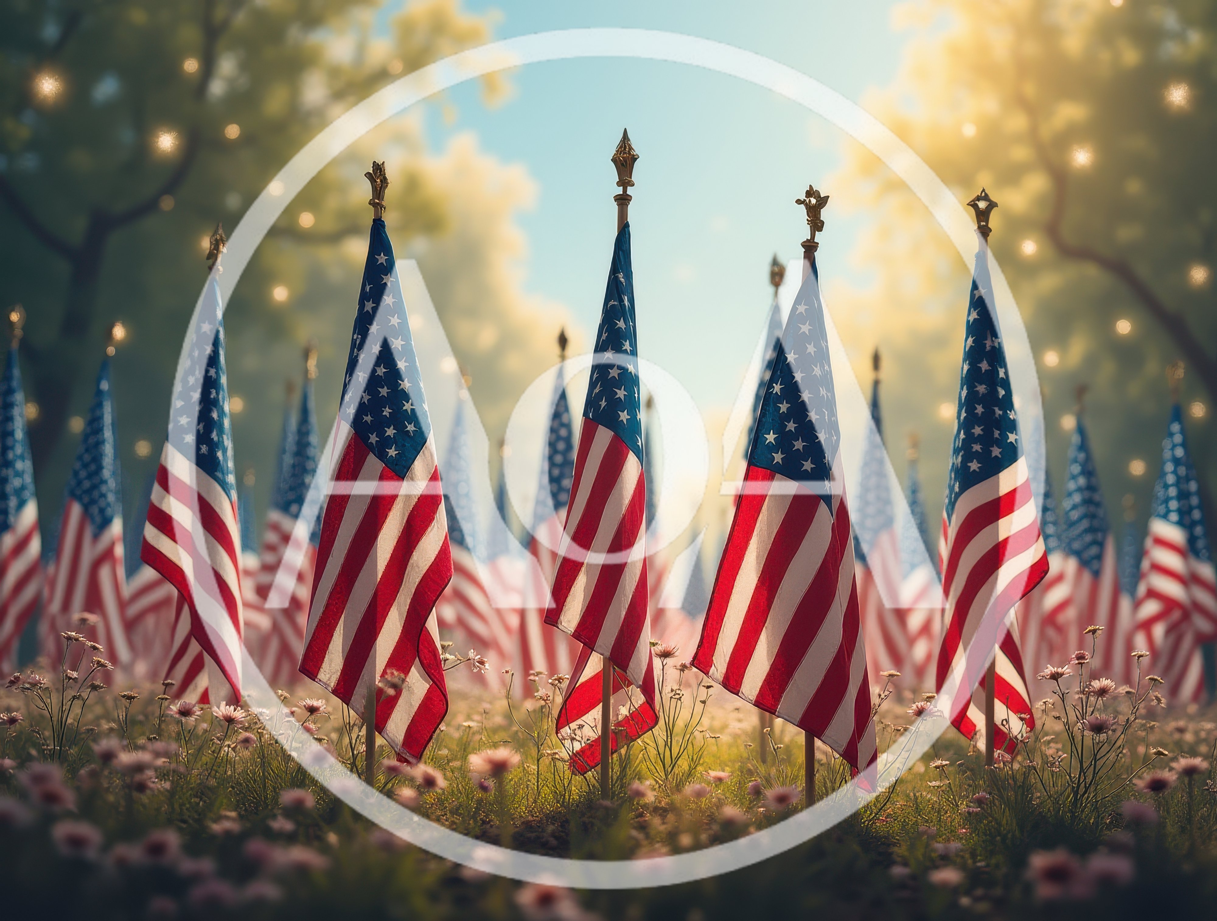 American Flags Displayed in a Field of Flowers