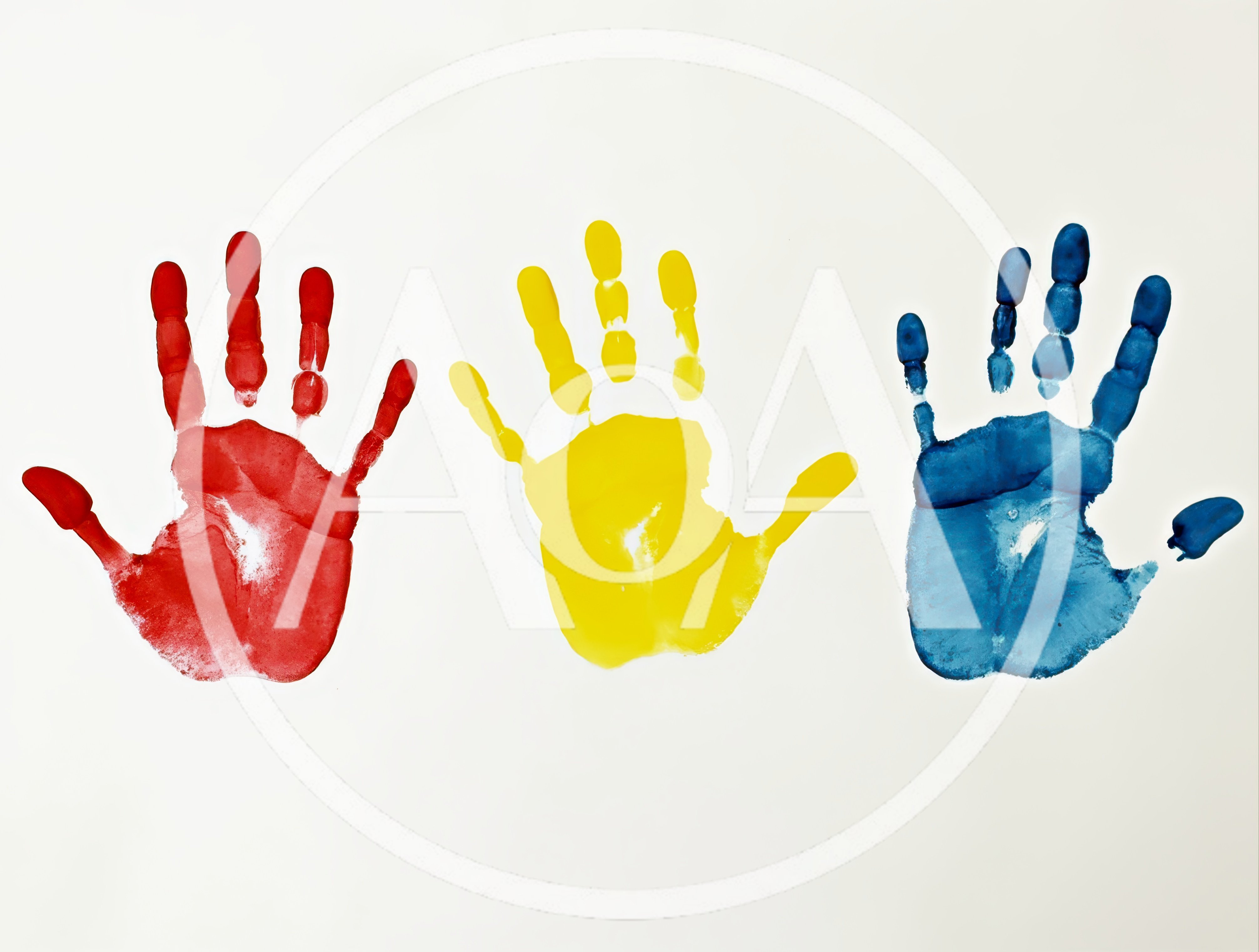 Three Colorful Handprints On A White Background