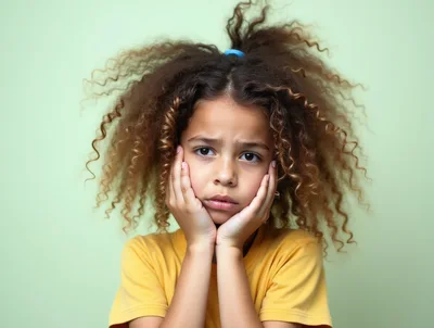 Sad Young Girl With Curly Hair Holding Her Face