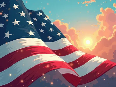 Waving American Flag Against A Sunset Sky