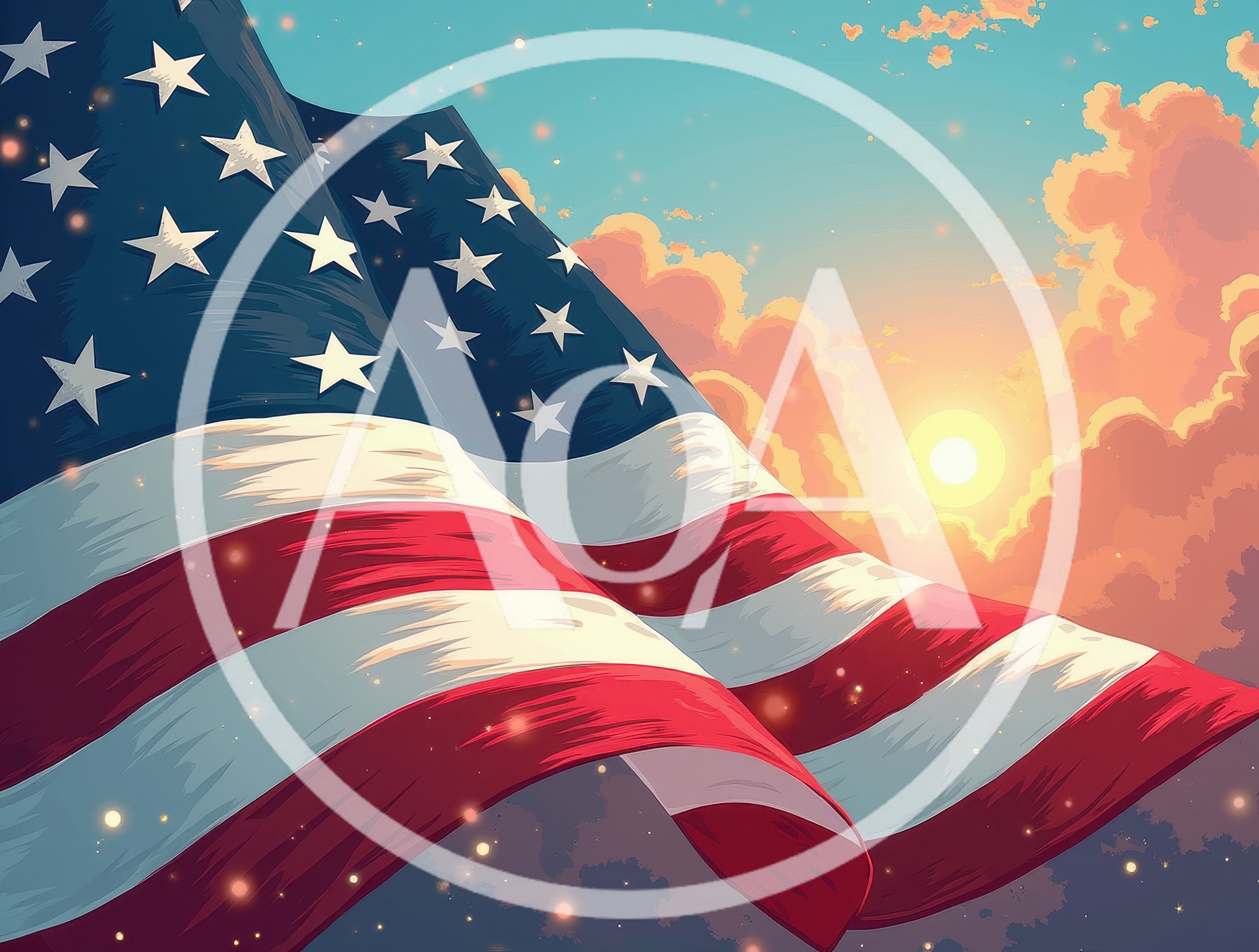 Waving American Flag Against A Sunset Sky