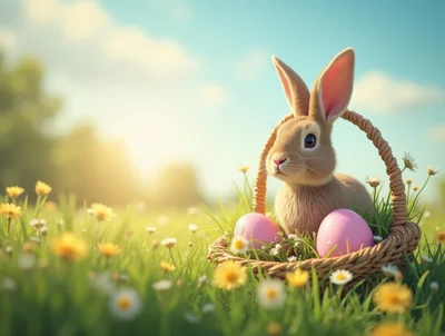 Cute Easter Bunny Sitting In A Woven Basket