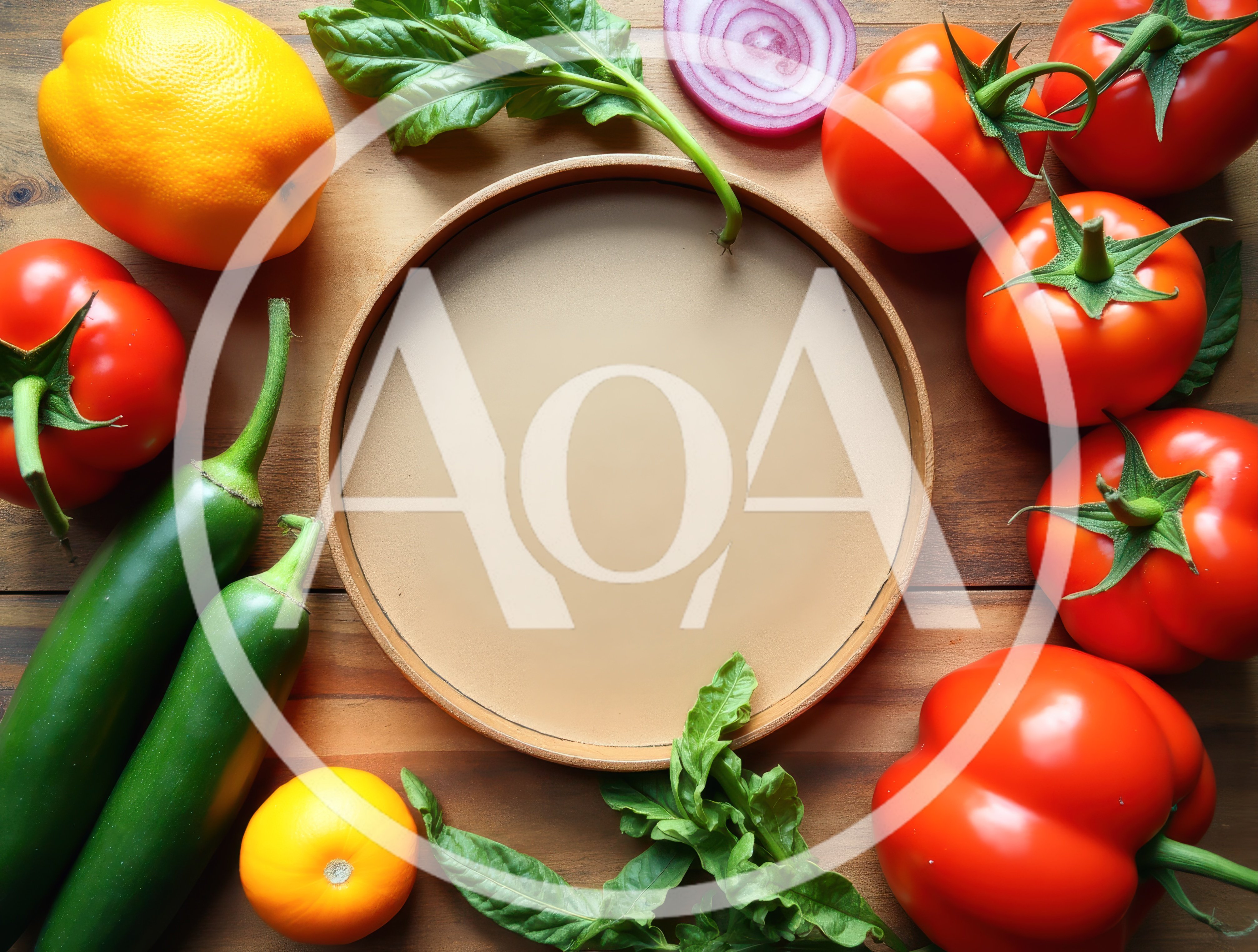 Fresh Vegetables Arranged Around A Wooden Serving Plate