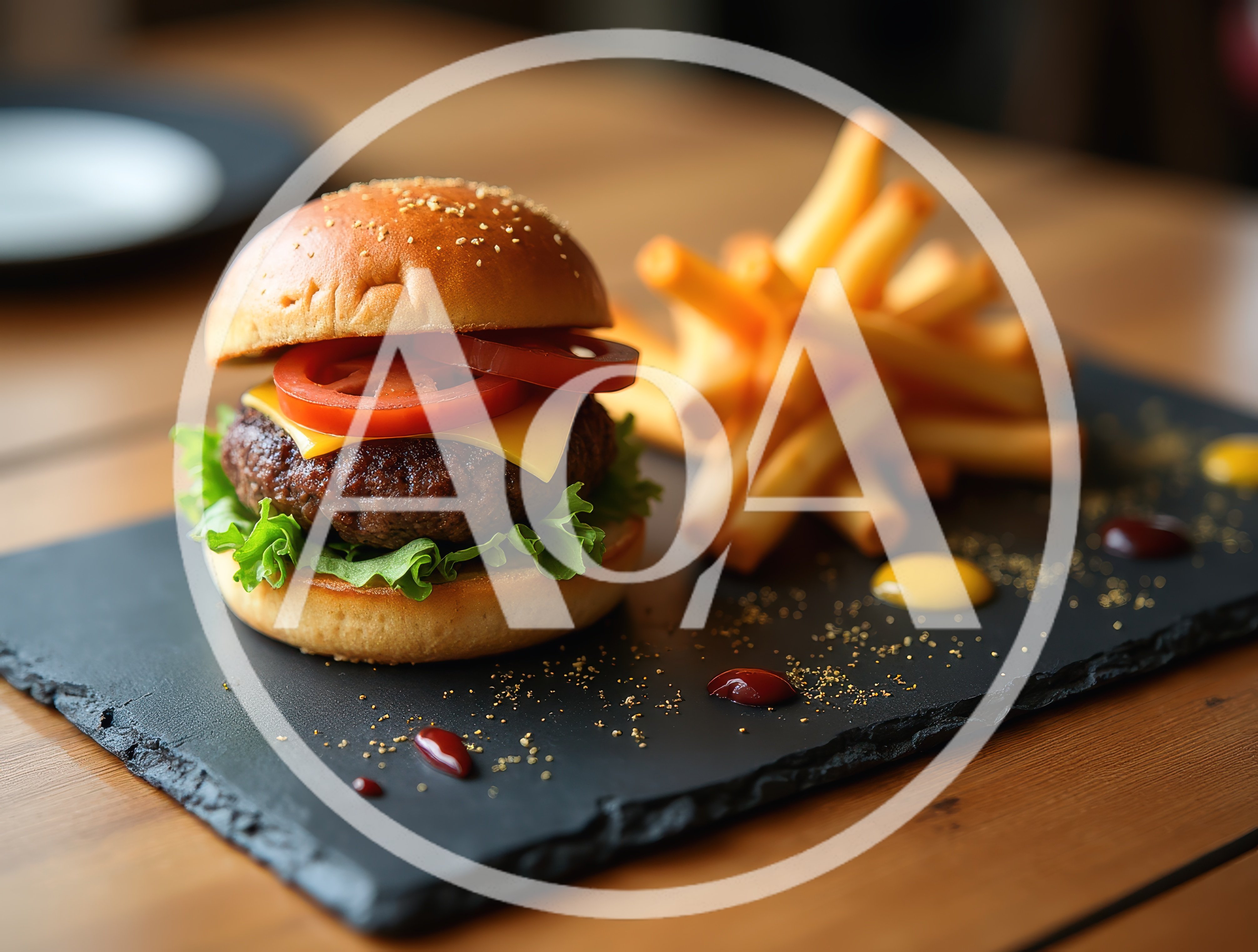 Gourmet Cheeseburger With French Fries On Slate Board