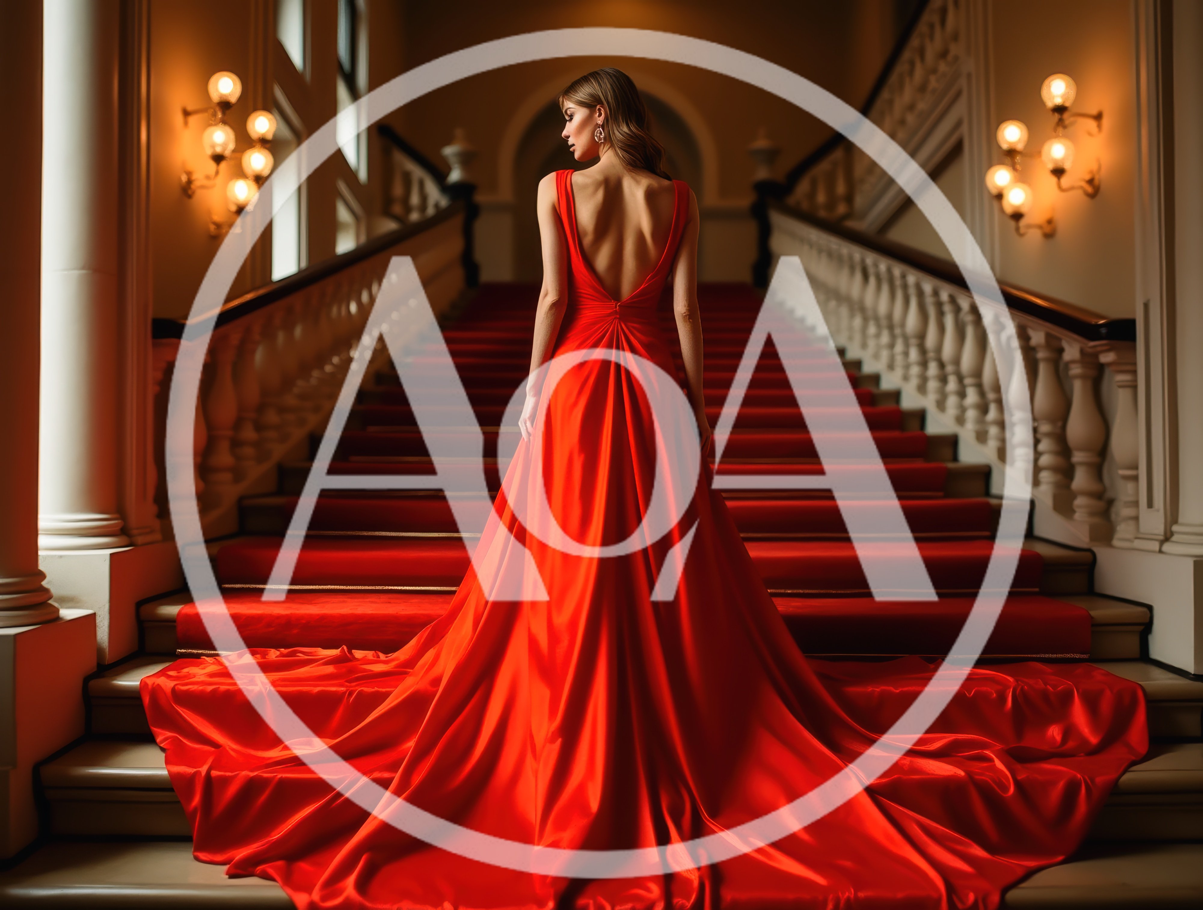 Elegant Woman In Red Gown On Grand Staircase