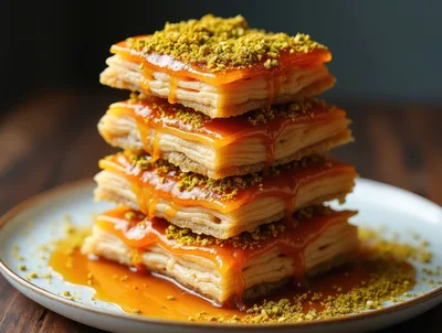 Stack of Caramel Drizzled Pastry with Pistachios
