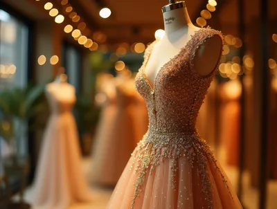 Elegant Beaded Evening Gown on Mannequin