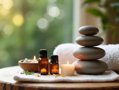Spa Relaxation Setting With Essential Oils And Stones