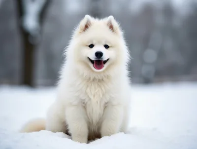 Fluffy Samoyed Puppy Sitting In The Snow
