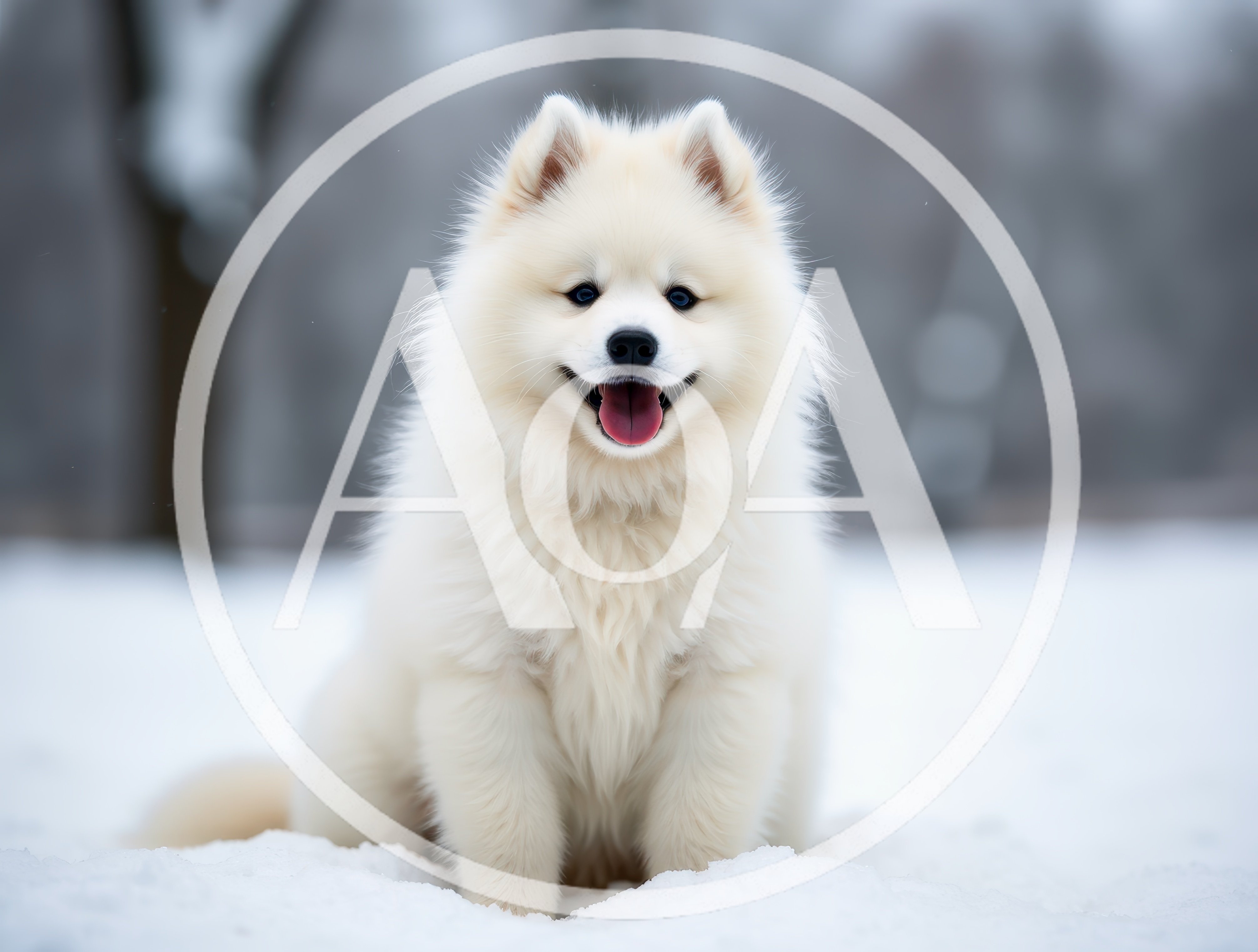 Fluffy Samoyed Puppy Sitting In The Snow
