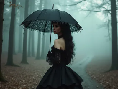 Gothic Woman With Lace Umbrella In Misty Forest