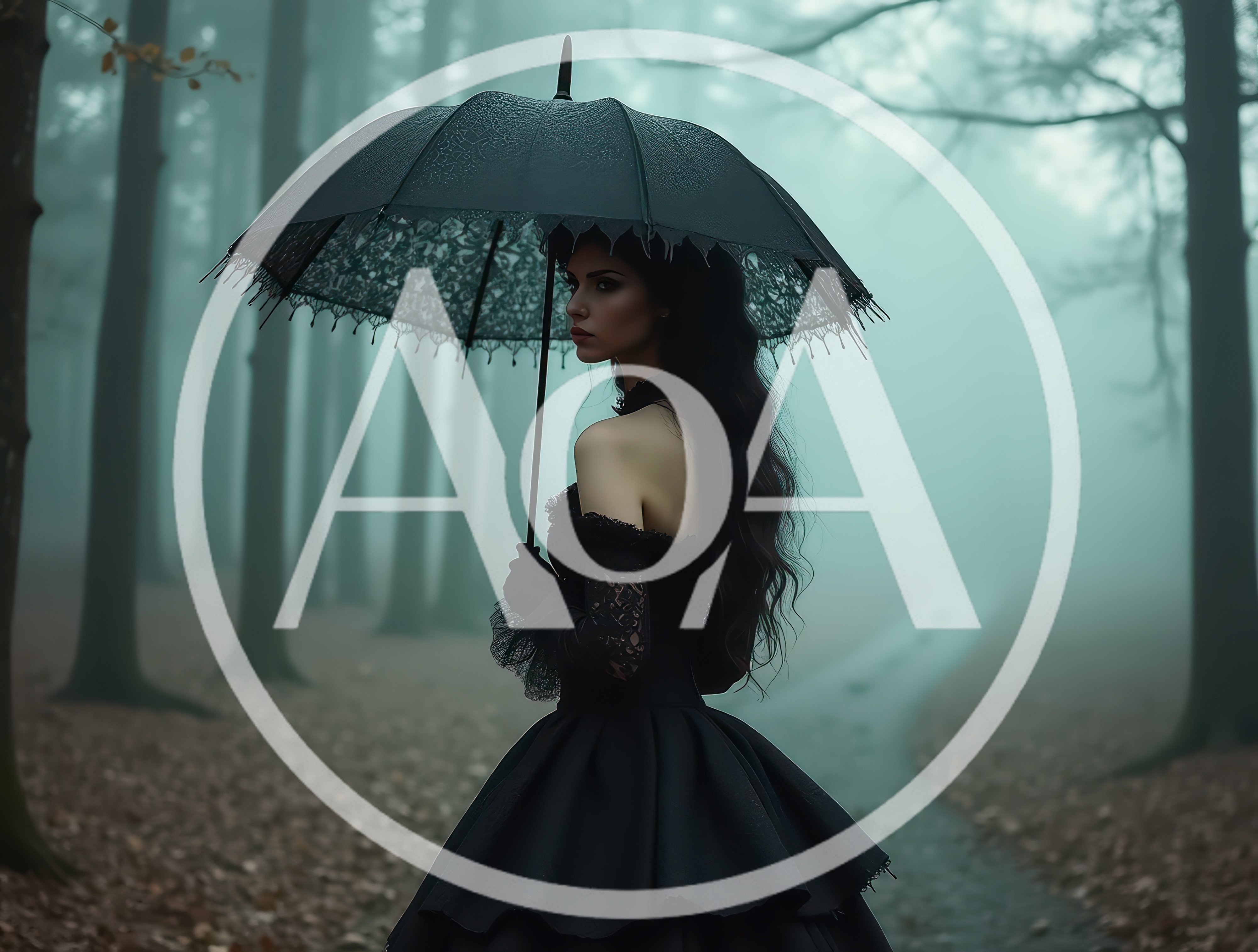 Gothic Woman With Lace Umbrella In Misty Forest