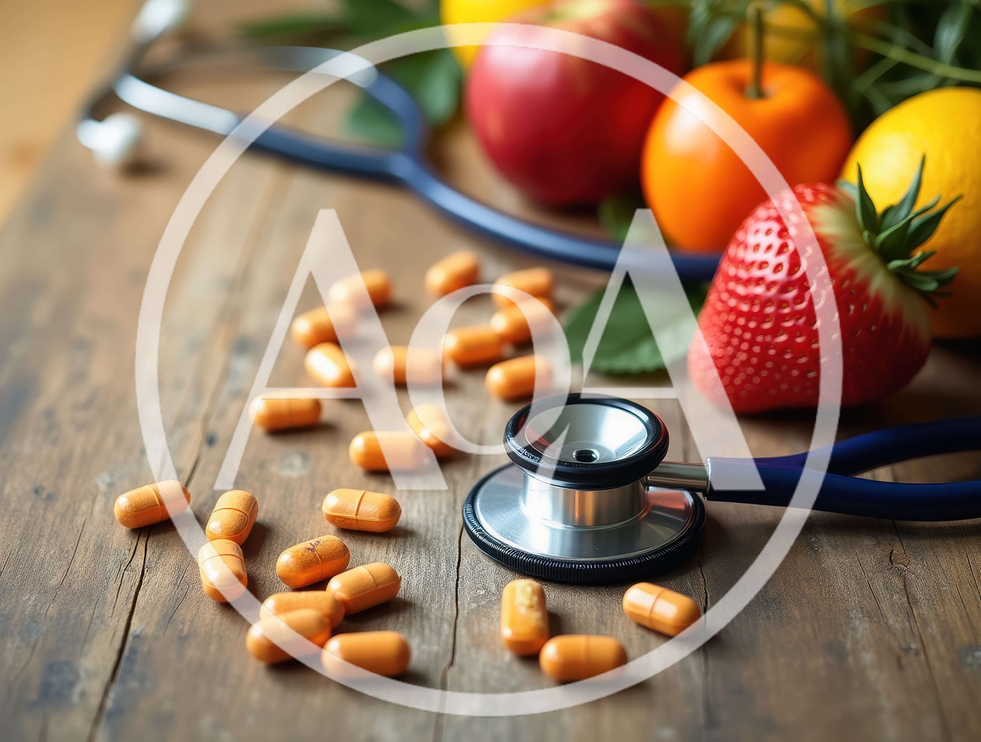 Stethoscope And Orange Pills With Fresh Fruit