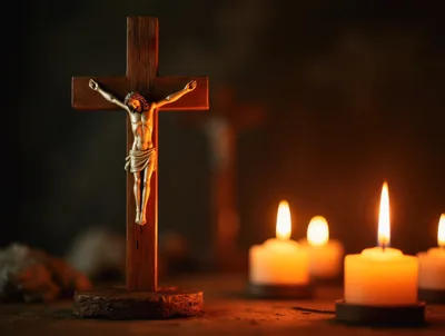 Wooden Crucifix With Glowing Candles In Dim Light