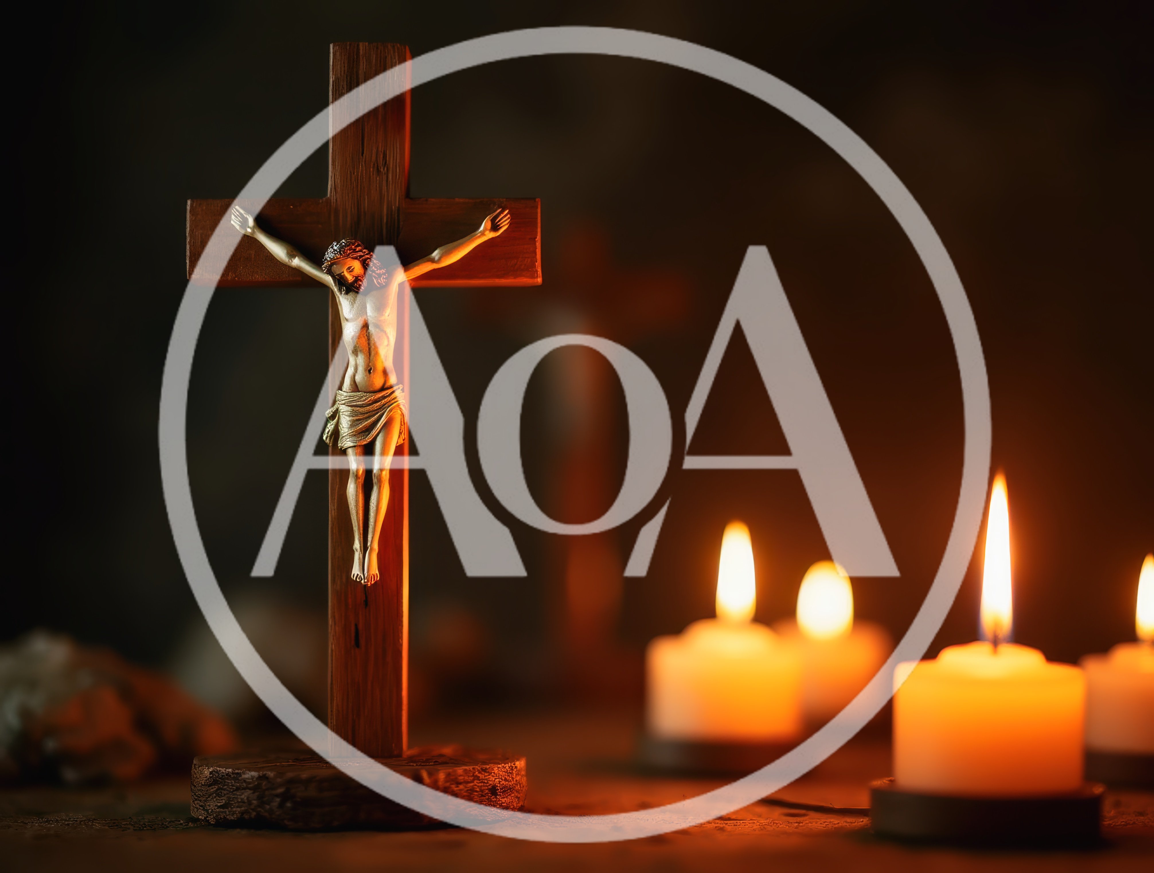 Wooden Crucifix With Glowing Candles In Dim Light
