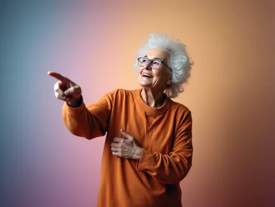Cheerful Elderly Woman Pointing Towards Something
