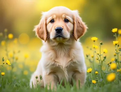 Adorable Golden Retriever Puppy Sitting In A Meadow