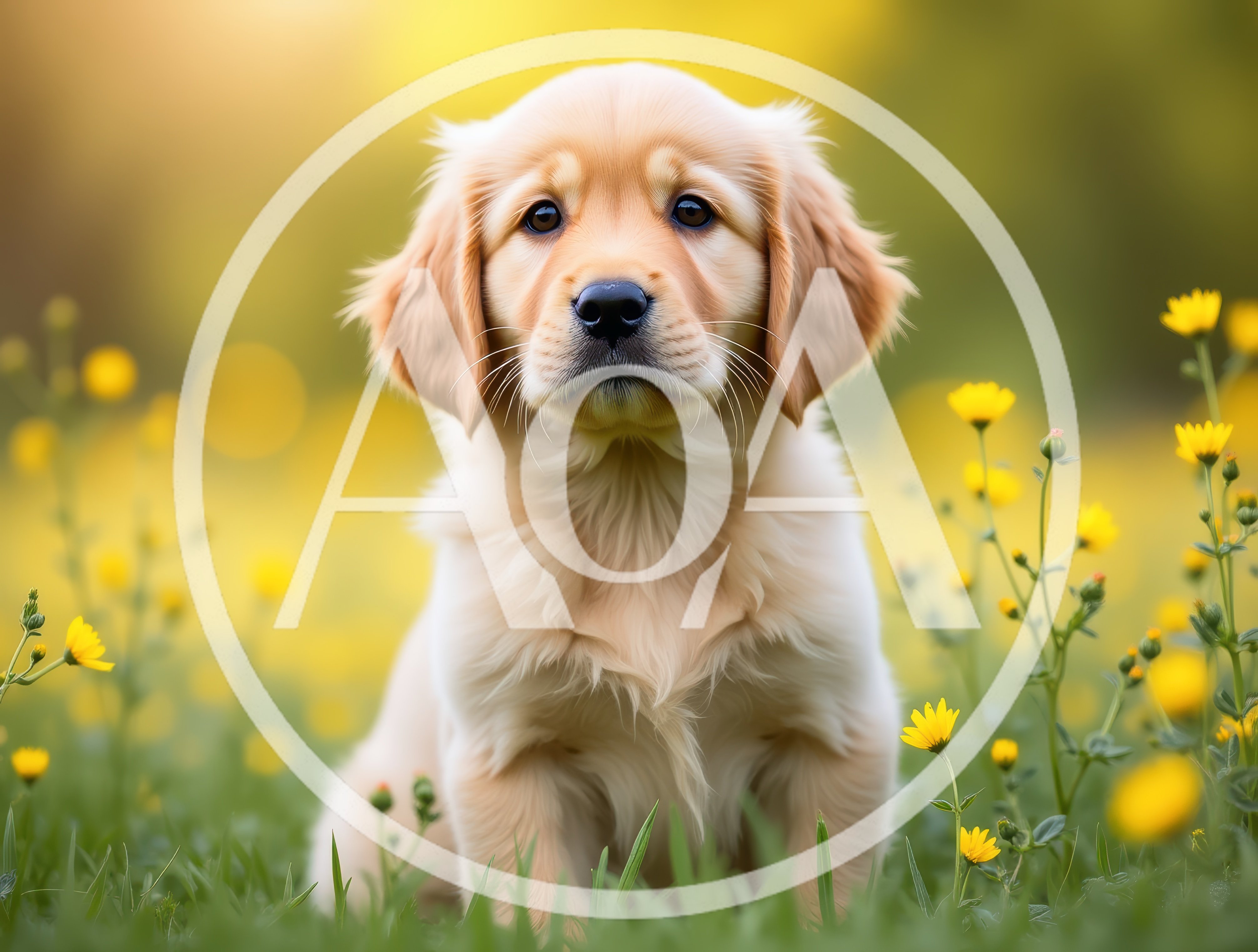 Adorable Golden Retriever Puppy Sitting In A Meadow