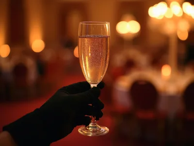 Hand In Black Glove Holding Champagne Flute