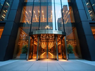 Modern Office Building Entrance With Revolving Doors