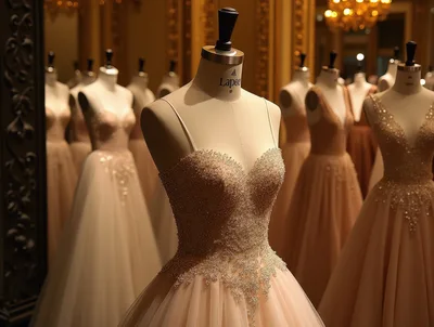 Elegant Wedding Dresses Displayed On Mannequins In Boutique