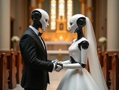 Futuristic Robot Couple Getting Married In A Church
