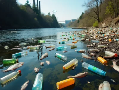 Plastic Pollution And Dead Fish In Polluted River