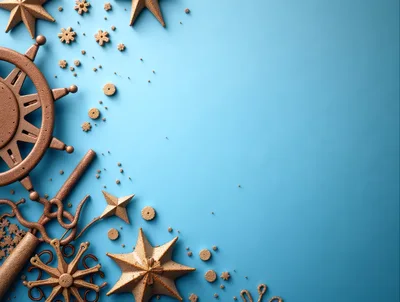 Gold Christmas Ornaments on Blue Background