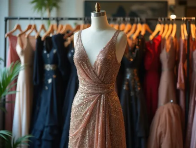 Rose Gold Sequin Evening Gown On Mannequin